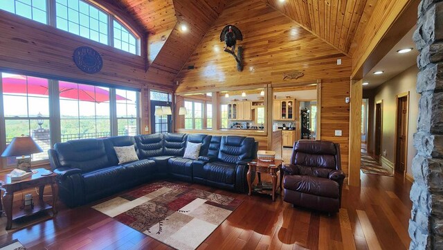 living area featuring high vaulted ceiling, wooden ceiling, and dark wood finished floors