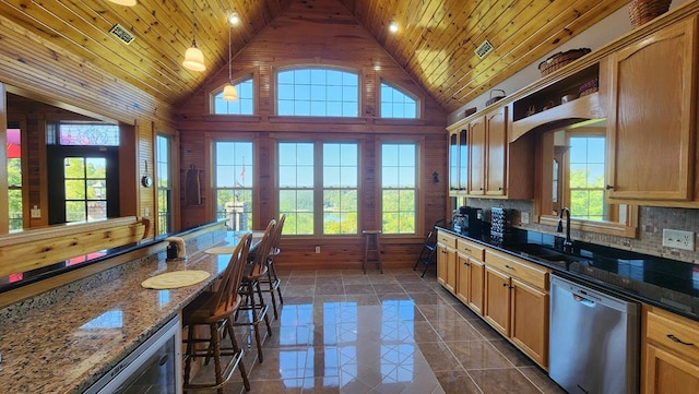 kitchen with decorative backsplash, dark stone counters, wooden ceiling, and stainless steel dishwasher