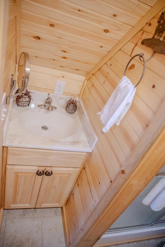 room details with wood walls and vanity