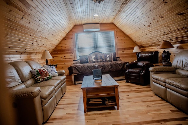 interior space featuring light wood-style floors, wood ceiling, a wall mounted air conditioner, and wood walls