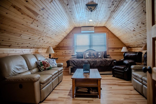 interior space featuring light wood-style floors, a wall unit AC, and wood walls