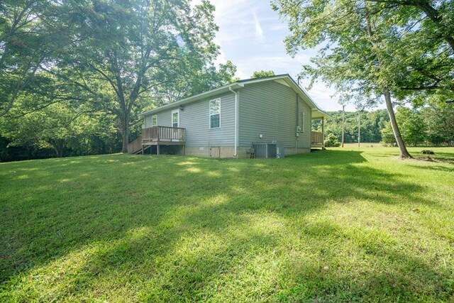 view of home's exterior with crawl space, central AC unit, a lawn, and a wooden deck