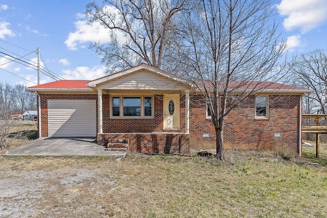 ranch-style home with a garage, dirt driveway, and brick siding