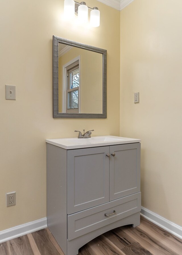 bathroom with crown molding, vanity, baseboards, and wood finished floors