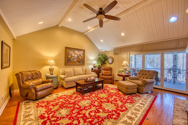 living area with recessed lighting, hardwood / wood-style floors, wood ceiling, beamed ceiling, and baseboards