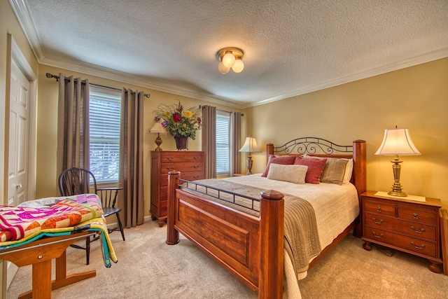 bedroom with light carpet, a textured ceiling, multiple windows, and crown molding