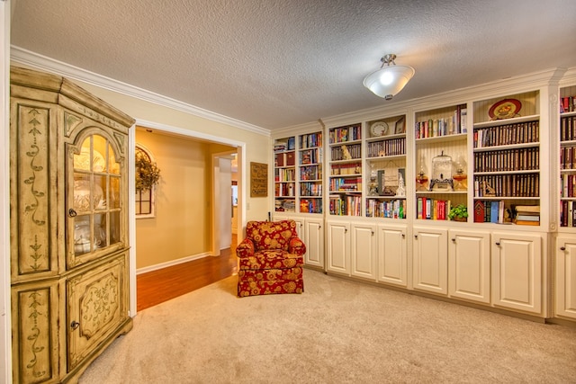 sitting room featuring light carpet, ornamental molding, and a textured ceiling