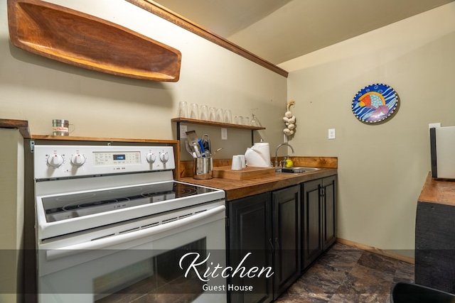 kitchen featuring white electric stove, a sink, dark cabinetry, stone finish flooring, and dark countertops