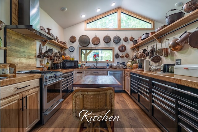 kitchen with open shelves, appliances with stainless steel finishes, a sink, and a healthy amount of sunlight