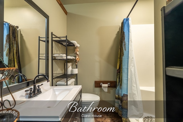 full bathroom featuring toilet, a shower with shower curtain, and vanity