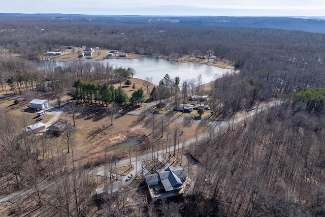 birds eye view of property with a water view and a wooded view