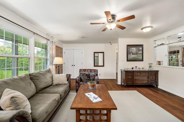 living area featuring a ceiling fan, baseboards, and dark wood-type flooring