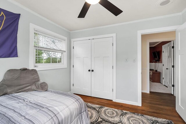 bedroom featuring ornamental molding, dark wood finished floors, and baseboards