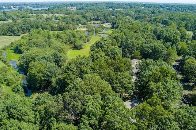 aerial view featuring a water view and a view of trees