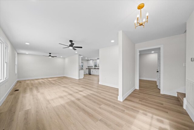 unfurnished living room with visible vents, recessed lighting, and light wood-type flooring