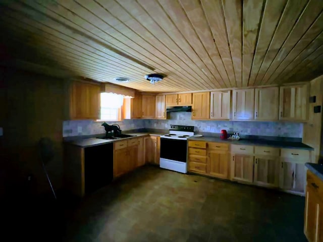 kitchen featuring visible vents, range with electric cooktop, wood ceiling, under cabinet range hood, and a sink