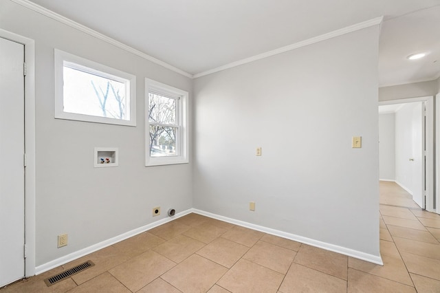 laundry area featuring light tile patterned flooring, washer hookup, visible vents, ornamental molding, and electric dryer hookup