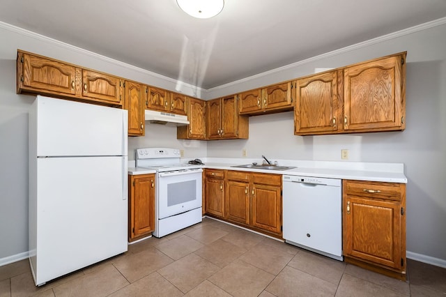 kitchen featuring under cabinet range hood, white appliances, a sink, light countertops, and brown cabinetry