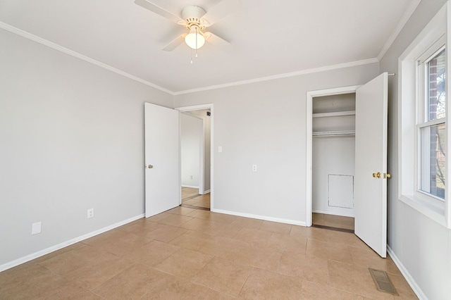 unfurnished bedroom featuring ornamental molding, visible vents, baseboards, and multiple windows