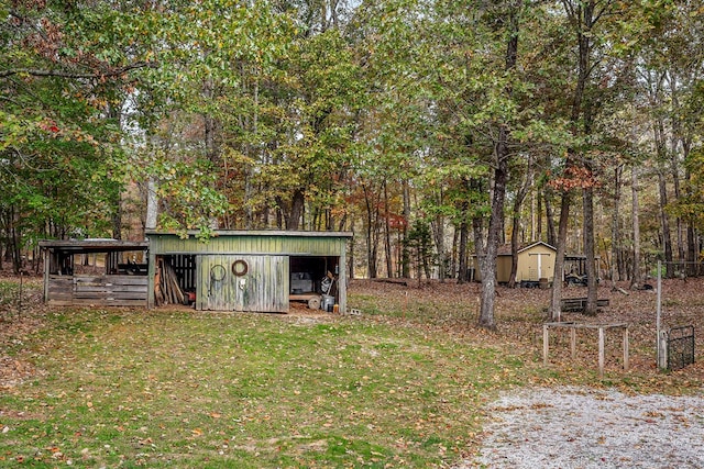 view of yard featuring an outbuilding, a carport, and a storage unit