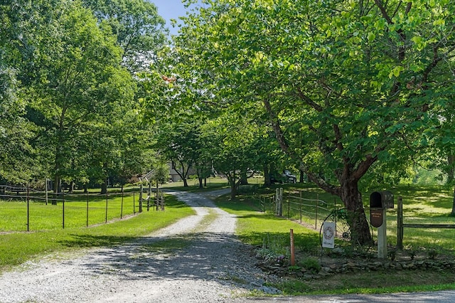 view of road featuring a rural view and driveway