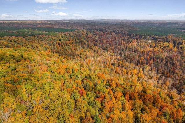 aerial view featuring a wooded view