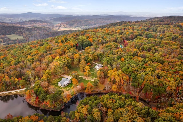 bird's eye view featuring a view of trees and a water and mountain view