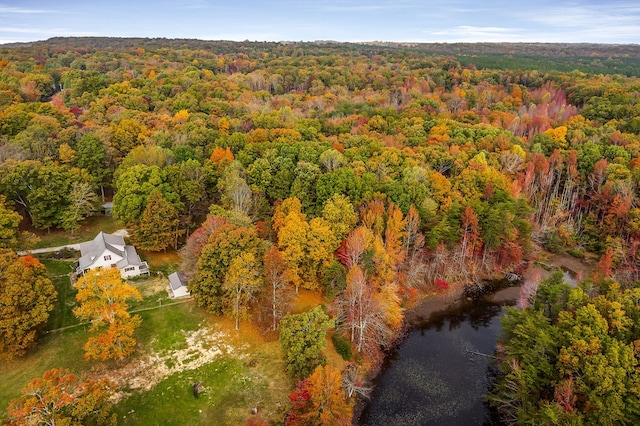 birds eye view of property with a water view and a view of trees