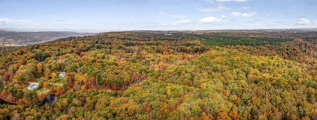 bird's eye view featuring a wooded view