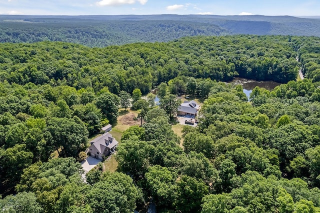 drone / aerial view with a wooded view