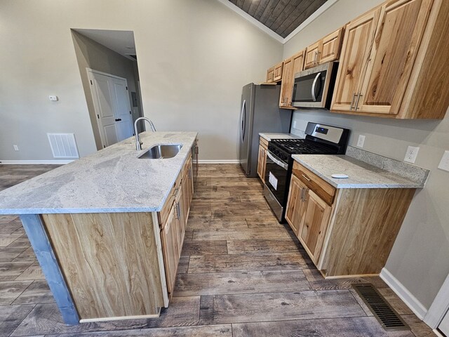 kitchen with visible vents, appliances with stainless steel finishes, dark wood finished floors, and a sink