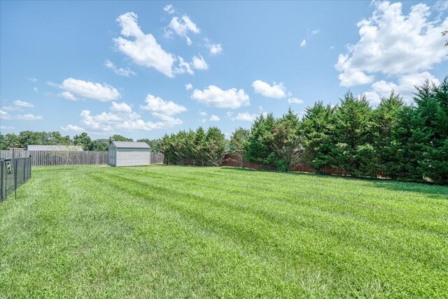 view of yard with a storage shed, an outbuilding, and fence