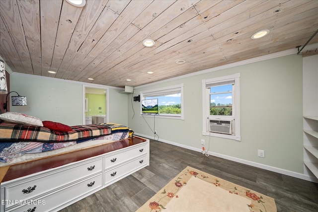 bedroom featuring dark wood-style floors, wood ceiling, crown molding, and baseboards