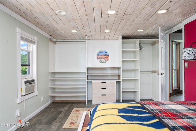 bedroom with recessed lighting, dark wood-type flooring, wood ceiling, cooling unit, and baseboards