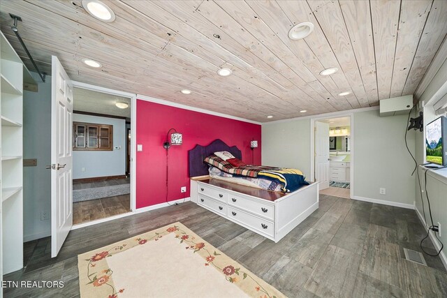 bedroom with dark wood-style floors, recessed lighting, wood ceiling, and baseboards