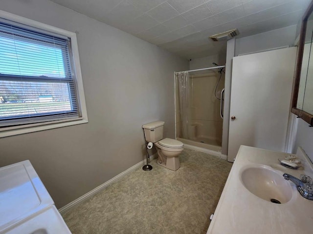 bathroom featuring toilet, vanity, visible vents, baseboards, and a stall shower