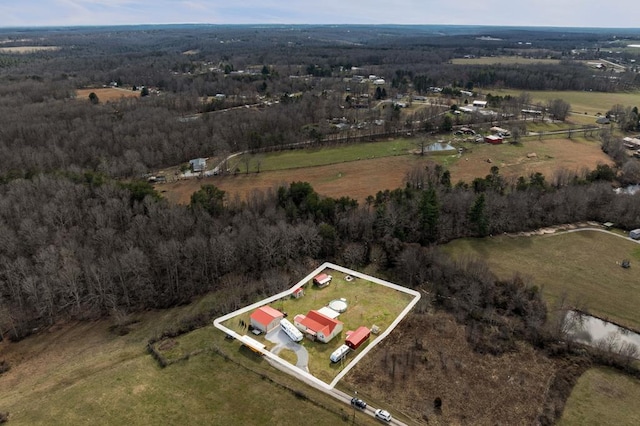 drone / aerial view featuring a view of trees and a rural view