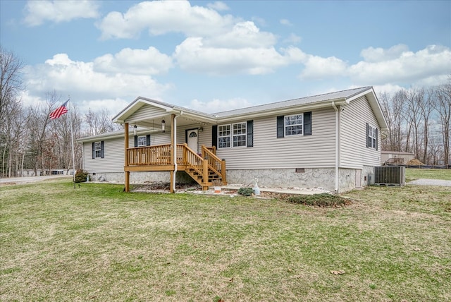 view of front of house with crawl space, metal roof, a front lawn, and cooling unit