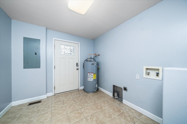 laundry room featuring hookup for a washing machine, laundry area, water heater, electric panel, and electric dryer hookup