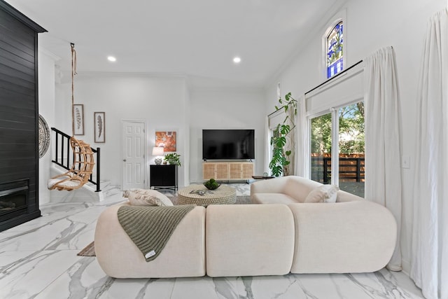 living room featuring marble finish floor, stairs, crown molding, and recessed lighting