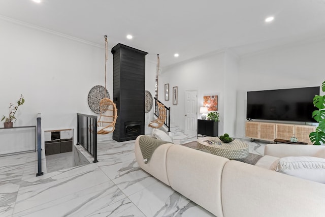 living area with recessed lighting, marble finish floor, crown molding, and stairway