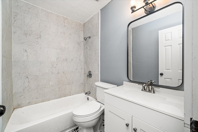 full bath featuring shower / washtub combination, a textured wall, vanity, and toilet