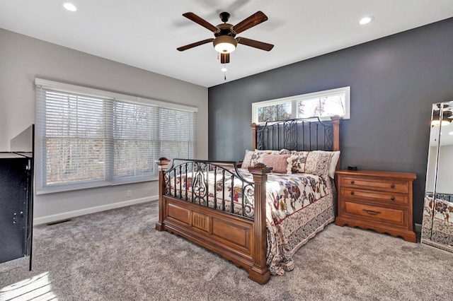 carpeted bedroom with ceiling fan, baseboards, and recessed lighting