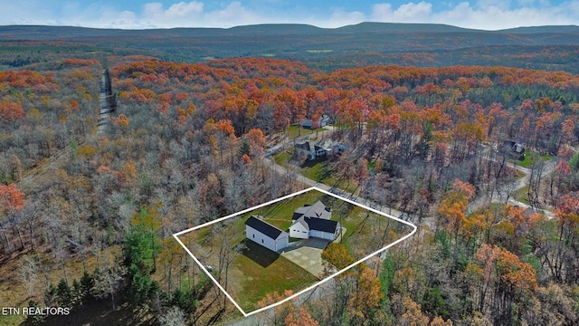 bird's eye view featuring a mountain view and a view of trees