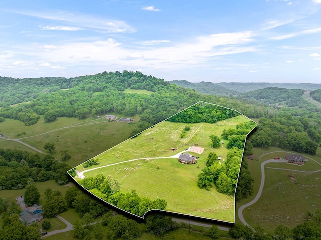 aerial view featuring a wooded view