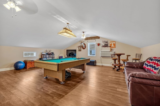 playroom featuring ceiling fan, pool table, wood finished floors, baseboards, and vaulted ceiling