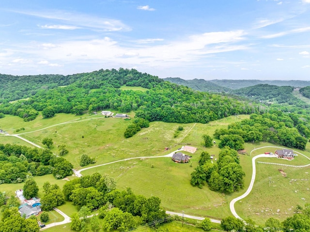 bird's eye view featuring a view of trees and a rural view