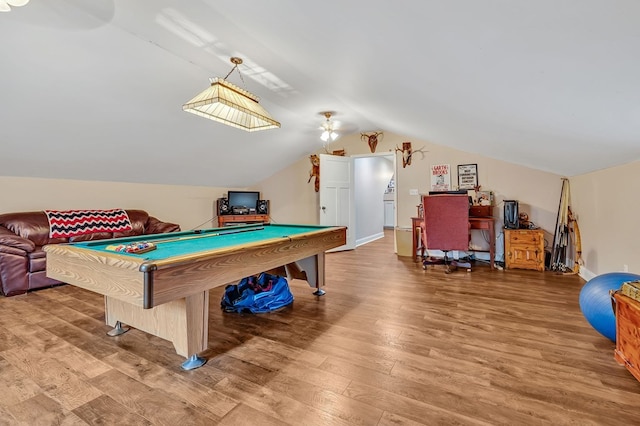 rec room with vaulted ceiling, billiards, wood finished floors, and baseboards