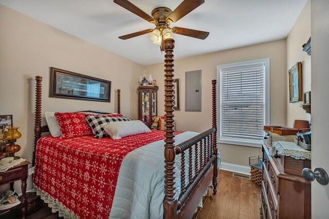 bedroom with ceiling fan, wood finished floors, visible vents, baseboards, and electric panel