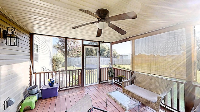 sunroom / solarium with wood ceiling and a ceiling fan